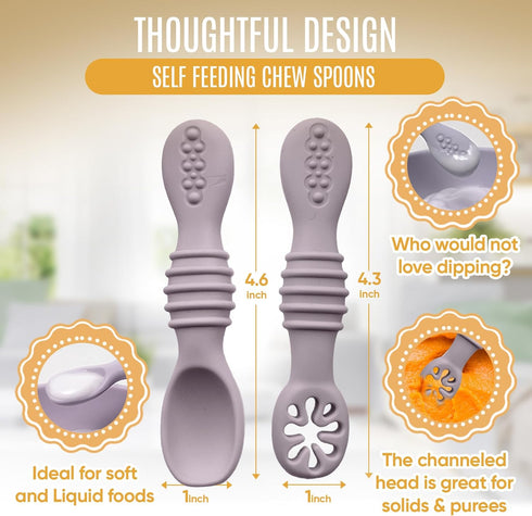 4pc Silicone Baby Spoons Self Feeding Baby Utensils 6-12 Months - 3 Baby Spoon - 1 Baby Fork - Toddler Cutlery Set - BPA Free, Dishwasher Safe, Ba...
