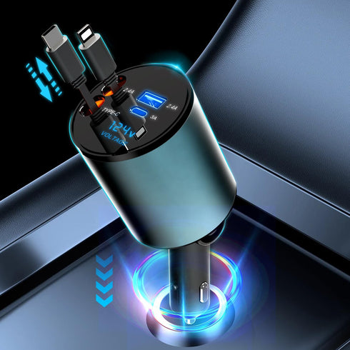 60W Multi-Port Car Fast Charger with Retractable Cable Car Cigarette Lighter Adapter, 4-in-1 Fast Charger for Smart Devices, Compatible with iPhon...