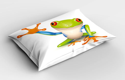 Lunarable Cartoon Pillow Sham, Little Tree Frog Vivid Graphic Friendly Wildlife Mascot Funny Character Print, Decorative Standard Size Printed Pil...