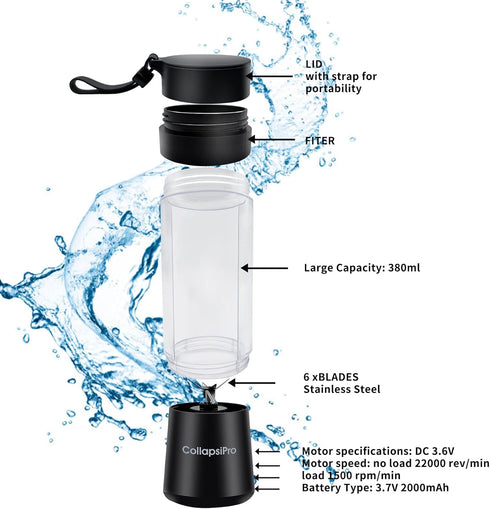 Personal Blender for Shakes and Smoothies, USB Rechargeable Shaker, Portable Juicer with Six Cutters, 380ML Juice Bottle for Travel Gym?Black?...