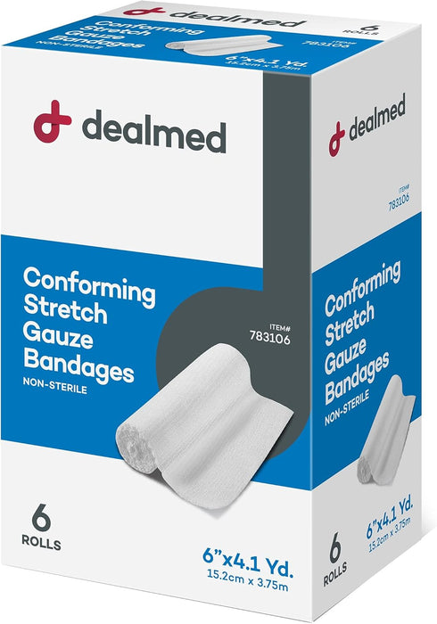 Dealmed 6" Non-Sterile Conforming Stretch Gauze Bandages, 4.1 Yards Latex Free Stretched Dressing Wrap, Medical Non-Adherent Wound Care Mesh Banda...