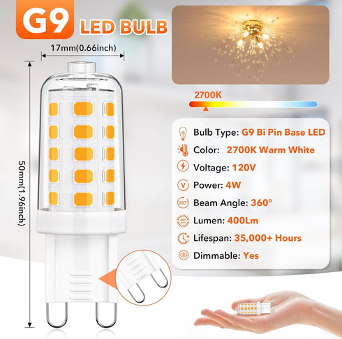 MAXvolador G9 LED Bulb Dimmable, Warm White 2700K, 40W T4 Halogen Equivalent, Bi Pin Base 4W G9 Light Bulbs for Chandelier Lighting, 400LM, 6 Pack...