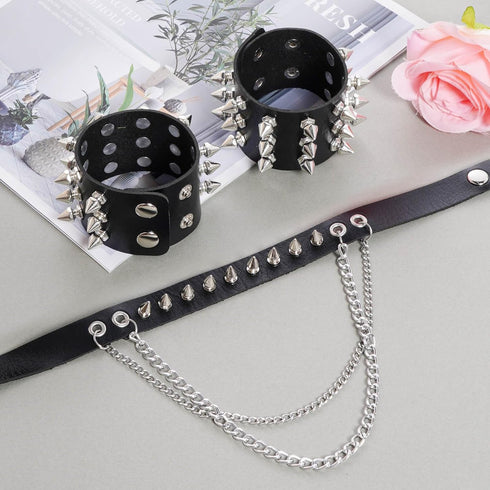 3Pcs Leather Spike Choker Studded Bracelet Cuffs Set Black Gothic Jewelry Rivet Collar Wristbands Puck Accessories for Men Women 80s Rock Goth Cos...