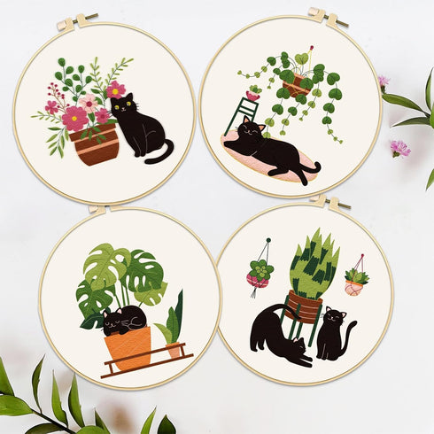 FREEBLOSS 4 Set 8'' Embroidery Kit for Beginners Cats&Plants Pattern Embroidery Kit with Instructions Full Kit of Embroidery Cloth 2 Embroidery Ho...
