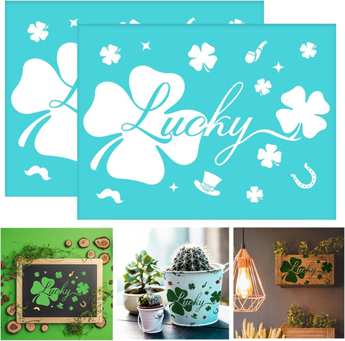 2Pcs 11x8.5inch Saint Patrick's Day Silk Screen Stencils, Lucky Four-leaf Clovers Self-Adhesive Stencils Reusable Silkscreen Mesh Stencils for Pri...