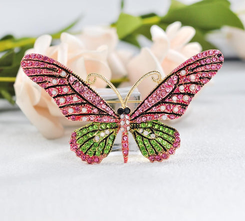 Gyn&Joy Gold Tone Pink Green Crystal Rhinestone Butterfly Pin Brooch...