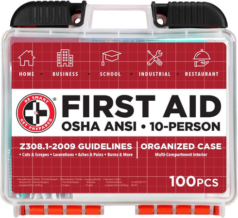 Be Smart Get Prepared OSHA/ANSI First Aid Kit - 10 Person, 100 Pieces - Designed for Home, Business, School, Industrial, and Restaurants - Compact...