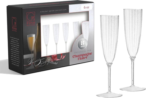 Posh Setting 6 oz Plastic Champagne Flutes - Silver Glitter Disposable Toasting Glasses for Parties, Weddings - Reusable Fancy Stemmed Cups, Wine ...