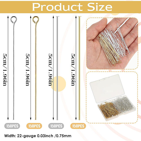 Eye Pins for Jewelry Making, 600 Pieces Jewelry Making Supplies for Adults Straight Pins Stainless Steel Eye Pins Flat Head Pins Kit Jewelry Findi...