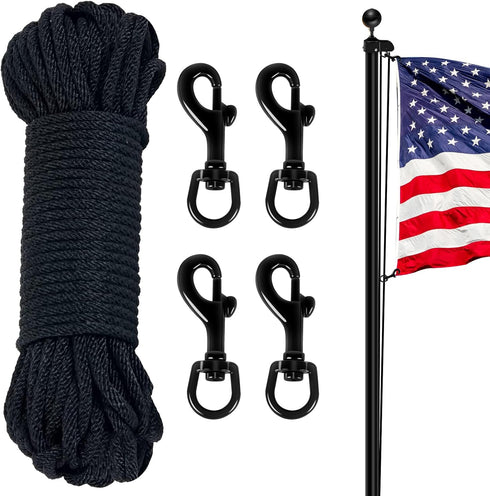 NQ Flag Pole Rope Line Kit-50FT x 1/4" Diameter Nylon Flag Pole Halyard Rope with 4 Pcs Swivel Snap Clips Hooks Fits Flagpole Up to 25FT,Outdoor F...