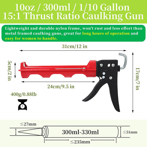 Drip-Free Caulking Gun Ratchet Rod Caulk Gun Applicator 15:1 Thrust Ratio Labor-Saving Lightweight Nylon Frame Cartridge Gun for 10oz/300ml Standa...