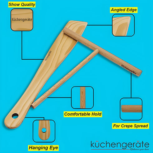 Kuchengerate Crepe Maker Set - 3.5" 5" 7" inc Spreader Stick & 12" inc Spatula Turner - T Shaped Structure - Handmade Natural Beech Wood - No Pain...