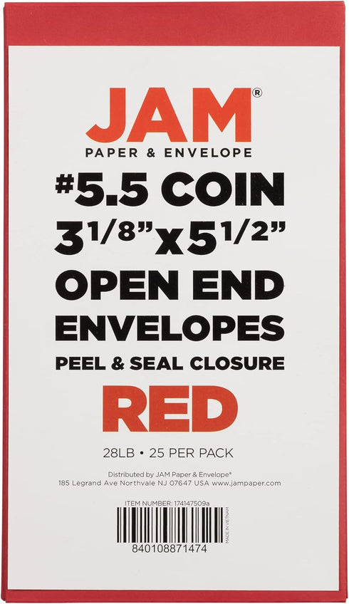 JAM PAPER #5.5 Coin Business Envelopes with Peel and Seal Closure - 3 1/8 x 5 1/2 - Red - 25/Pack...