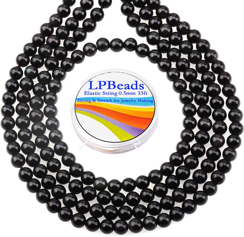LPBeads 200Pcs Polished 6mm Round Natural Black Obsidian Gemstone Loose Beads with Stretch Cord for Jewelry Making Bracelets...