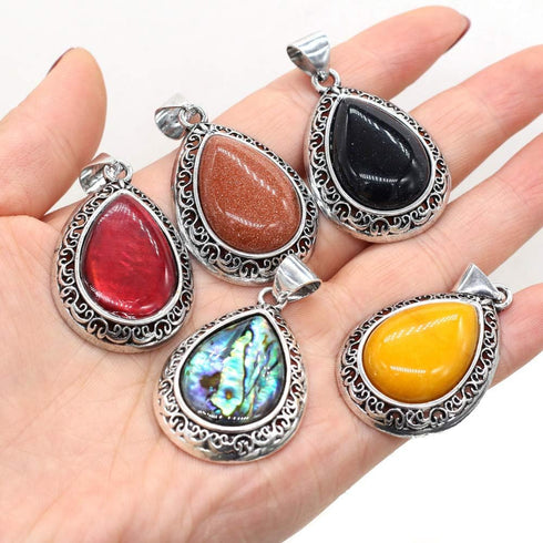 LHJ 4 Pcs Natural Stone Pendants Waterdrop Shape Mixed Crystal Agate Stone Charms Hollow Alloy Base for Jewelry Making Necklace Earrings...