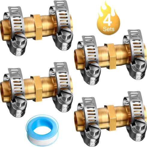 4 Pieces 3/4 Inch Garden Hose Repair Mender Solid Brass Water Hose Connector Splicer Mender with 8 Pieces Stainless Steel Tightening Clamp and Sea...