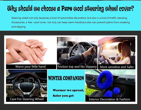 Car Steering Wheel Cover Gear Shift Handbrake Fuzzy Cover 1 Set 3 Pcs Multi-Colored with Winter Warm Pure Wool Fashion for Girl Women Ladies Unive...