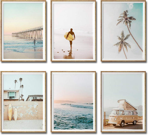 iMagitek Set of 6 Unframed California Coastal Surf Wall Art Prints, Beach Sunset Wall Poster, Surfboard Wall Art (8" x 10")...