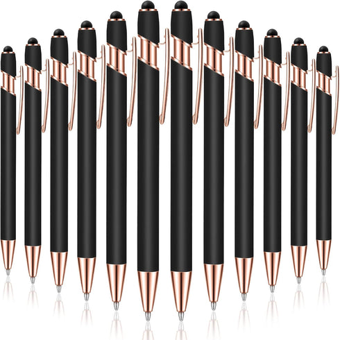 12 Pieces Ballpoint Pen with Stylus Tip, 1.0 mm Black Ink Metal Pen Stylus Pen for Touch Screens, 2 in 1 Stylus Ballpoint Pen (Black and Rose Gold...