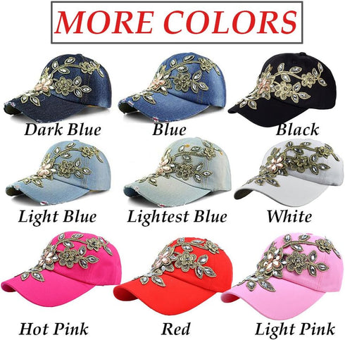 Bling hat, Womens Cute Lace Flowers Baseball Cap with Jewel Rhinestone Bling Hats Jeans Wash Denim Snapback (Black)...