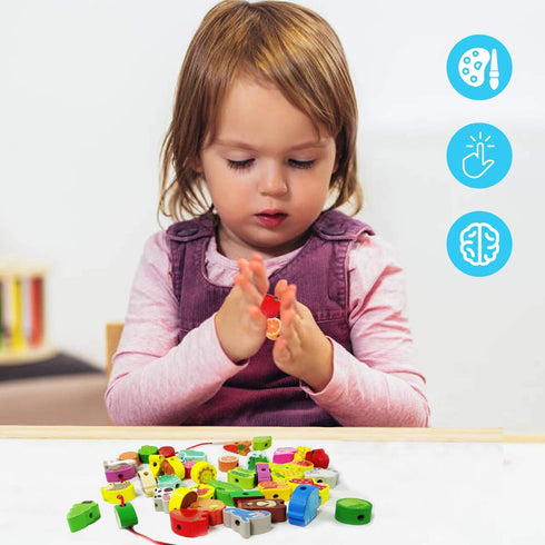 46Pcs Wooden Animals Fruits Vegetables String Threading Beads,Include 42Wooden Lacing Beads 4String Ropes,Montessori Toddler Preschool Activities ...