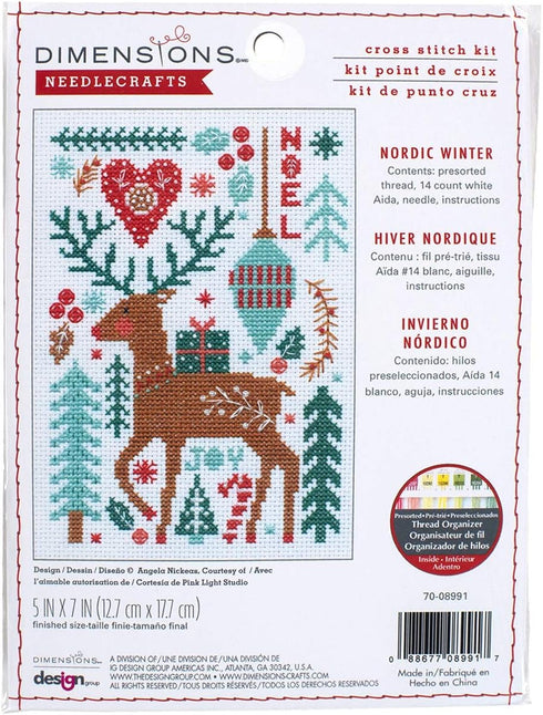 Dimensions 70-08991 Nordic Winter Embroidery Christmas Cross Stitch Kit, 5'' x 7'', 14 Count White Aida, Multi...