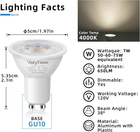 Dimmable GU10 LED Bulbs 7W(50W -60W-75W Equivalent) GU10 Light Bulbs Gu10 Shape Halogen Replacement Bulb 38°120V 650Lm for Track Spot Lighting Ind...