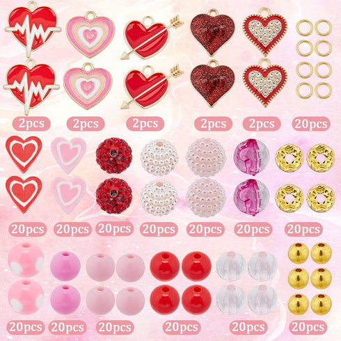 SUNNYCLUE 1 Box Valentine's Day Beads Heart Shaped Love Beads 8mm Round Red Pink Acrylic Beads Rhinestone Bead Bulk Spacer Beads Beading Kit Valen...