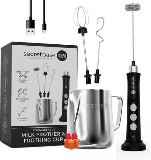 Secretbase Rechargeable Milk Frother Mixer Cordless USB, Charging Base and SS Pitcher - 3 Speed Milk Frother Handheld, Double-thickness Whisk, Tin...