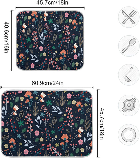 Dish Drying Mat for Kitchen Counter Colorful Flowers Black Absorbent Drying Matt for Dishes Sink Countertop 16'' x 18''...
