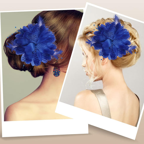 Blue Ladies Feather Flower Hair Clip Elegant Hat Flower Mesh Ribbons Brooch Pin Hair Accessory Fascinator Headwear Floral Corsage for Women and Gi...