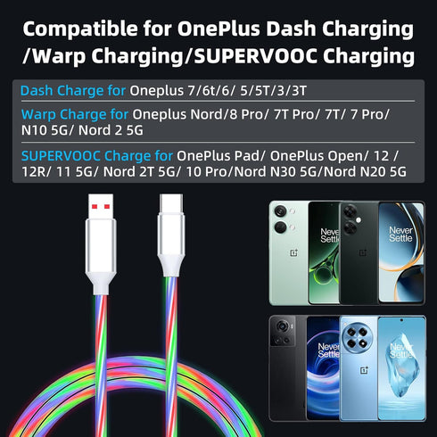 for OnePlus 8 7 Pro Warp Charging Cable USB C Charge Cord 2M/6.6FT USB A to C LED Glowing Light Cable for OnePlus 7T 6 5T Dash Charging SUPERVOOC ...