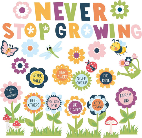 90 Pcs Spring Bulletin Board Decorations for Classroom Flowers Bulletin Board Set Never Stop Growing Cutouts Inspirational Quotes Cards Wall Decal...