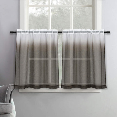 30 Inch Length Ombre Tier Curtains Faux Linen Shee Short Curtains - 2 Panels Brown Small Sheer Curtains for Cafe Kitchen Basement Bathroom,30 Inch...