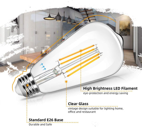 4-Pack Vintage 8W ST64 LED Edison Light Bulbs 100W Equivalent, 1400Lumens, 2700K Warm White, E26 Base LED Filament Bulbs, CRI 90+, Antique Glass S...