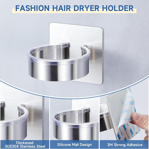 Hair Dryer Holder Wall Mounted, Blow Dryer Holder, Stainless Steel Hair Tool Organizer, Adhesive Hairdryer Holder for Bathroom Barber Shops, Hair ...