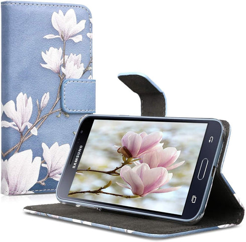kwmobile Wallet Case Compatible with Samsung Galaxy J3 (2016) DUOS Case for Phone - Magnolias Taupe/White/Blue Grey...