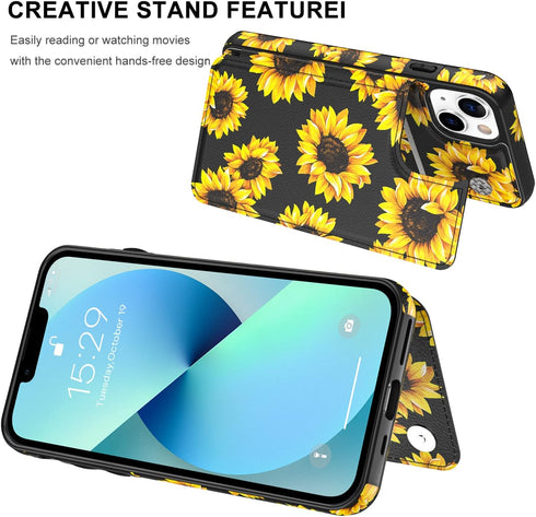 LETO for iPhone 13 Case,Flip Folio Leather Wallet Cover with Fashion Flower Designs for Girls Women,Built-in Card Slots Kickstand Protective Phone...