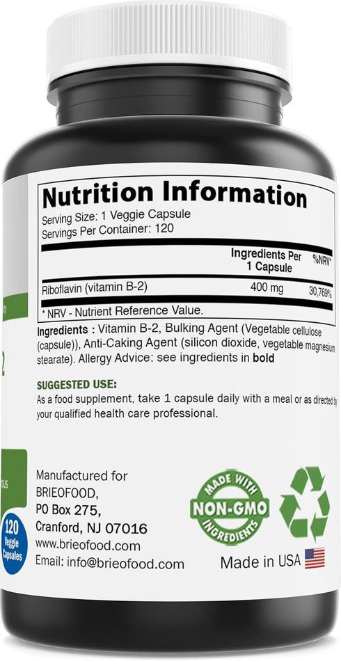 Brieofood Vitamin B2 (Riboflavin) 400mg, 120 Veggie Capsules - Gluten Free, Non-GMO...