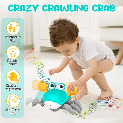Crawling Crab Baby Toys, Tummy Time Toy Gifts 3 4 5 6 7 8 9 10 11 12 Babies, Automatic Obstacle Avoidance Toddler Interactive Toy with Music Sound...