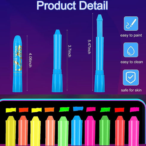 10 Colors Glow in The Black Light Face Paint Crayons Kit, UV Black Light Makeup Neon Face and Body Paint Sticks Markers for Mardi Gras Halloween M...