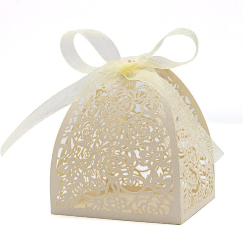 KPOSIYA Pack of 100 Laser Cut Rose Candy Boxes, Favor Boxes 2.5"x 2.5"x 3.1", Gift Boxes Bridal Shower Anniverary Birthday Party Wedding Favor (10...