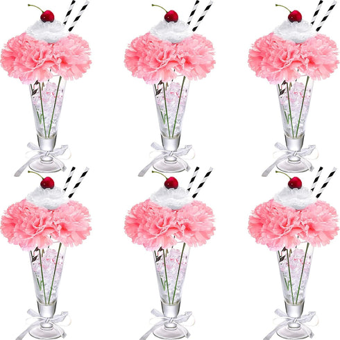 WILLBOND 6 Sets Pink Carnations Artificial Flowers, 50's Theme Party Decorations Include White Pink Carnation Lifelike Cherries and Paper Straws f...