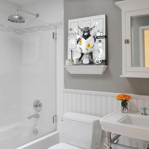 Highland Cow Wall Art For Bathroom 12x16 Inch Funny Cow On Toilet Reading Newspaper Farmhouse Decor Sunflower Animal Bathroom Pictures Morden Hipp...
