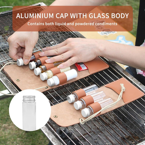 Portable Spice Bag for Travel, Camping Spice Kit with 5 Jars, Foldable Leather Spice Holder Seasoning Storage Bag, Condiment Container Set for Out...