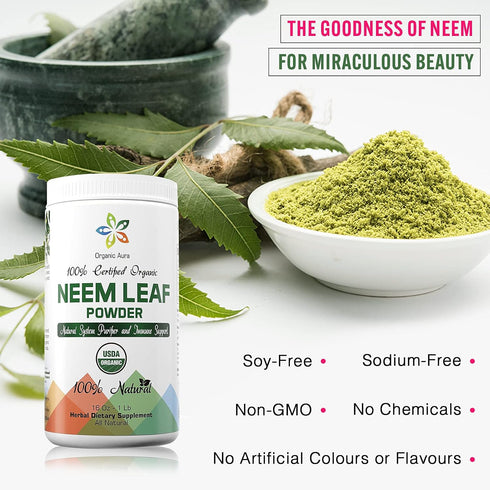 Organic Aura Neem Leaf Powder (Azadirachta Indica). 100% Pure Neem, Raw and Green. USDA Certified Organic Neem for Immune Support, Skin, and Hair....