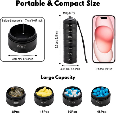 Pill Organizer Weekly - Metal Waterproof Travel Pill Box, 7 Day Large Aluminum Alloy Pill Container, Portable Pill Case for Vitamin, Medicine, Sup...