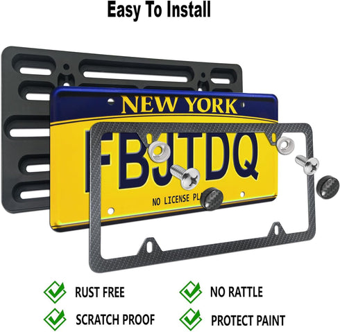 Front License Plate Mounting Kit- Carbon Fiber License Plate Frame and Universal Bracket for 2 Hole Front Bumper, Black Aluminum Car Tag Holder Ad...