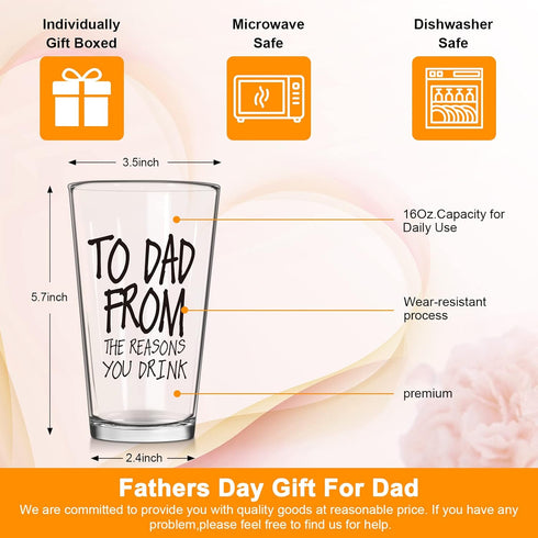 Fathers Day Dad Gifts from Daughter Son Wife,16 OZ Funny Beer Glass Gifts for Dad Men Husband Grandpa Step Dad Him,Bonus Dad Personalized Gifts fo...