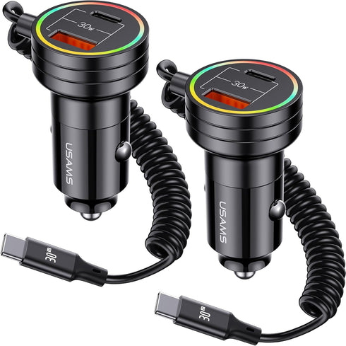 USB C Car Charger, 60W Super Fast Car Charger PD&QC 3.0 with 30W Type C Coiled Cable, Car Phone Charger for iPhone 15-8 Series/Samsung Galaxy S23-...